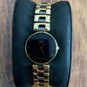 Citizen Womens Watch Gold Tone Black Bracelet 5421-F41612 New Battery 6.5”